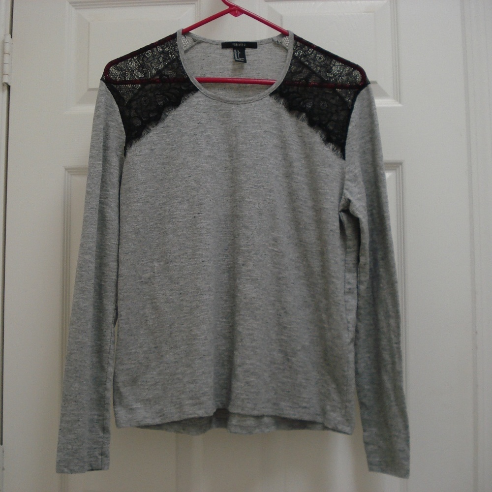 Forever 21 Long Sleeve Gray Shirt with Black Lace